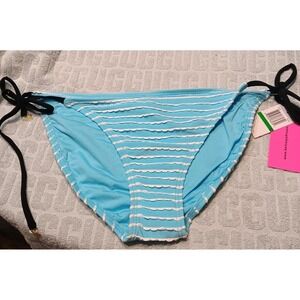 NWT Betsey Johnson Size Large Aqua Blue With‎ White Wavey Rows Bikini Bottom